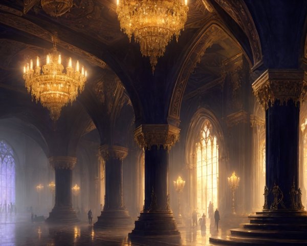 Luxurious Hall with High Ceilings, Ornate Chandeliers, and Silhouetted