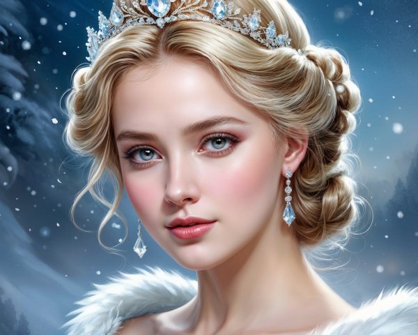 Young woman in elegant updo with tiara in snowy scene