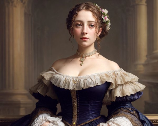 Portrait of woman with intricate hairdo, flowers, navy & cream dress, off-shoulder neckline