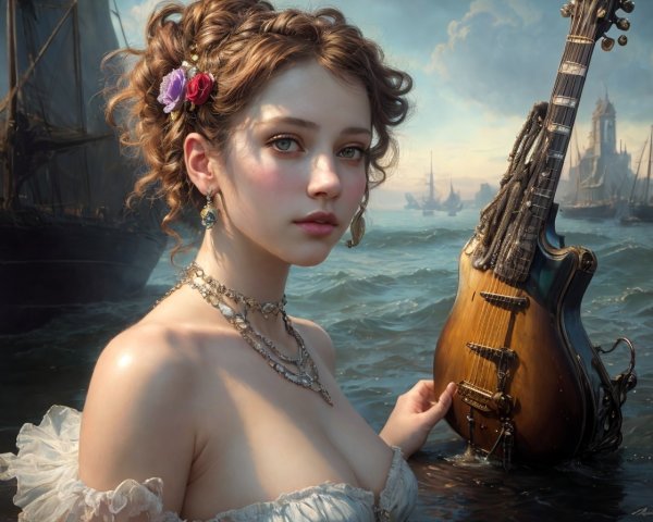 Woman in Period Attire with Guitar and Eldritch Ships