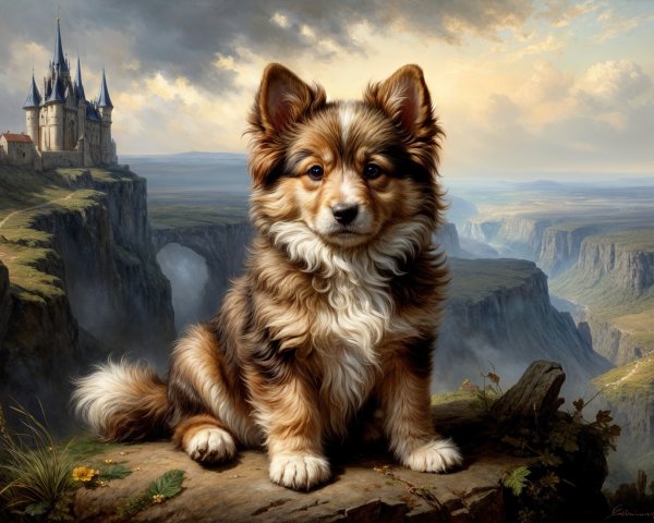Fluffy Puppy on Rocky Ledge with Castle and Canyon View