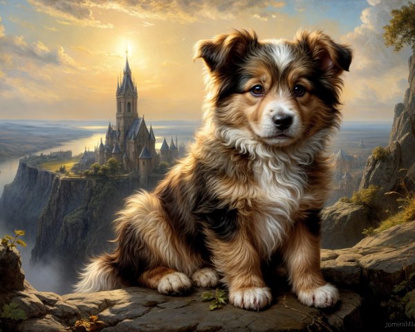 Fluffy Tri-Color Puppy with Mythical Castle Background