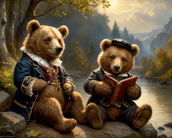Bears in Historical and Sailor Attire by a River