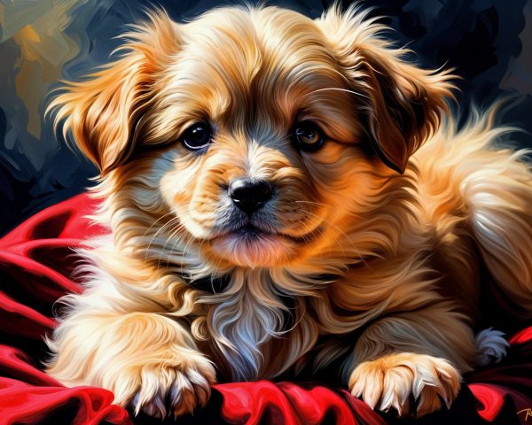 Fluffy Golden Puppy on Vibrant Red Fabric Background