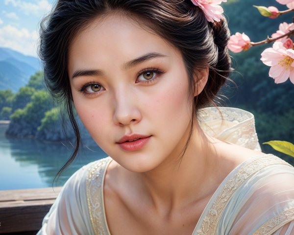 Serene portrait of a young woman in a tranquil landscape