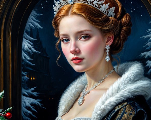 Regal Young Woman in Winter Landscape with Tiara