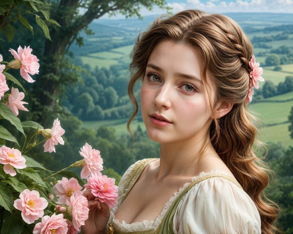 Young woman in vintage dress among blooming roses