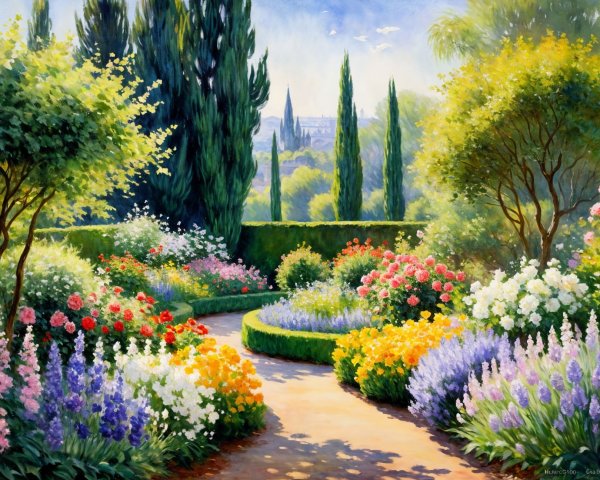 Vibrant Garden Scene with Colorful Flowers and Trees