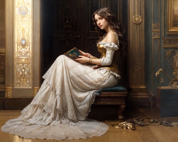Young Woman in Elegant Gown on Ornate Chair