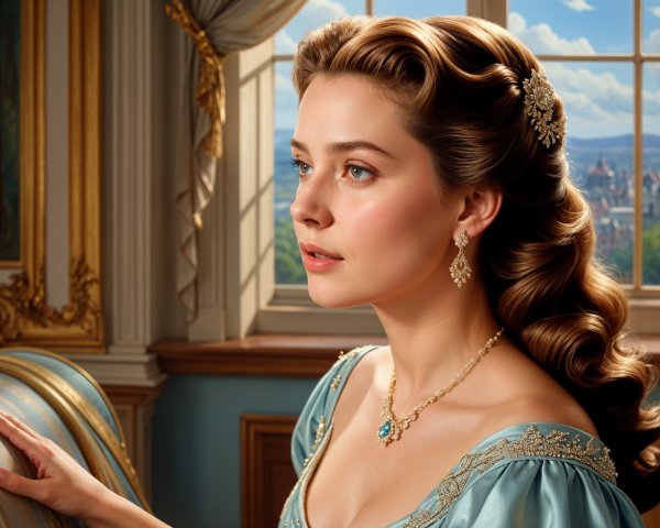 Young woman in blue gown by grand window
