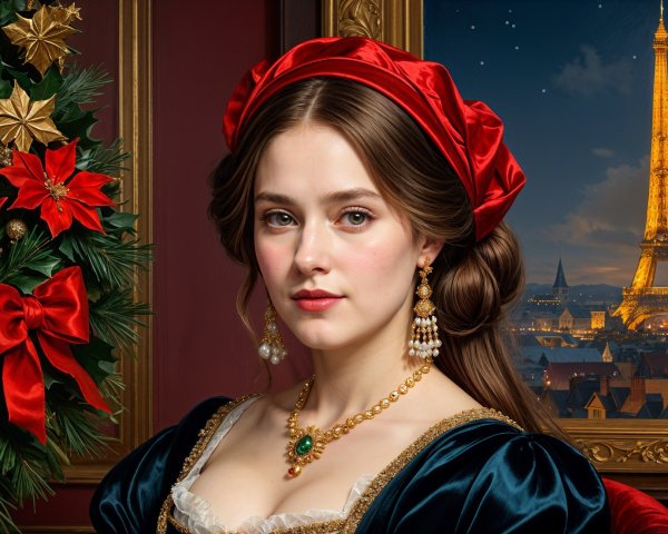 Young Woman in Historical Dress with Eiffel Tower Backdrop