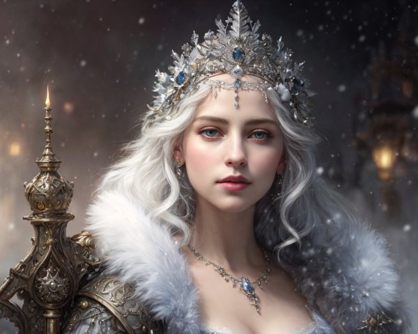 Regal figure in crown and fur cloak with scepter, snowy background.