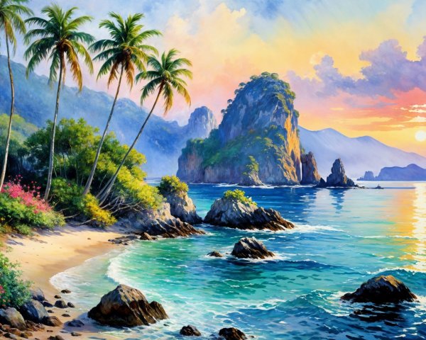Vibrant Beach Scene with Colorful Sunset and Palm Trees