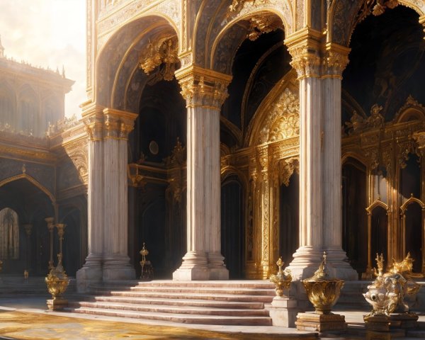 Luxurious Hall with Golden Columns and Ornate Arches