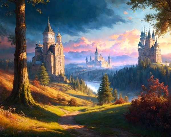 Majestic castles, meandering river, vibrant sunset in fantasy landscape