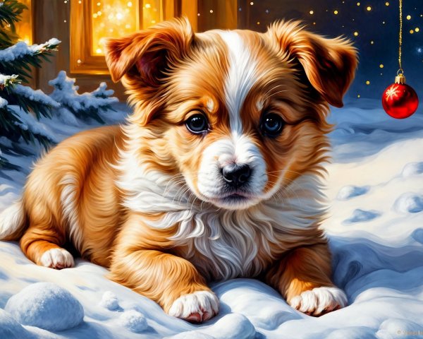 Puppy in Snowy Setting with Festive Decorations