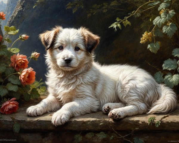 Fluffy Cream-Colored Puppy on Stone Ledge with Flowers