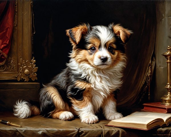 Fluffy Tri-Colored Puppy in Elegant Setting