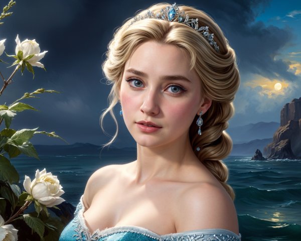 Young woman in turquoise gown by ocean at twilight