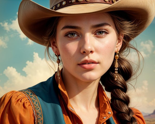Young Woman in Cowboy Hat Against Blue Sky
