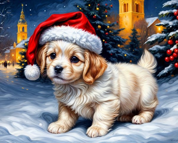 Fluffy Puppy in Santa Hat in Snowy Holiday Scene