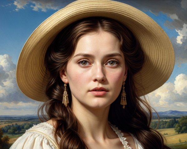 Young woman in straw hat with serene landscape backdrop