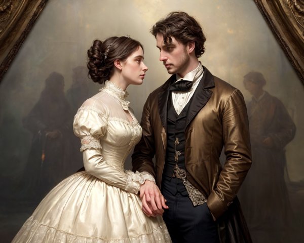 19th-Century Couple in Elegant Attire in Historical Setting