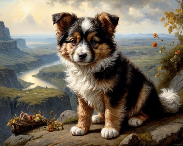 Tri-colored puppy on rocky ledge overlooking valley