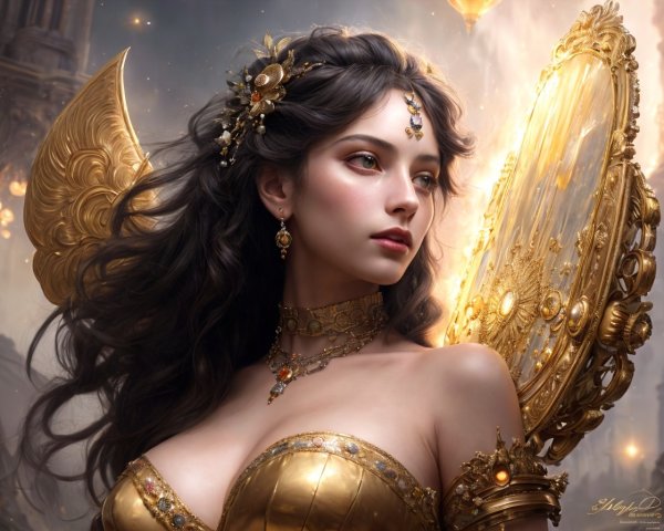 Digital Artwork of Woman in Golden Armor and Jewelry