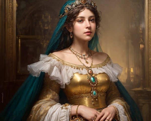 Luxurious Renaissance-inspired portrait of a woman in ornate gown and jewelry