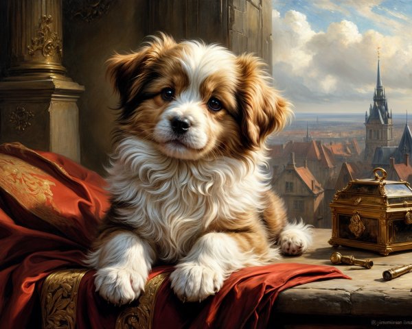 Fluffy Puppy on Red Cloth with Scenic Town Background