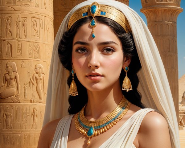 Young Woman in Gold Jewelry Against Egyptian Architecture