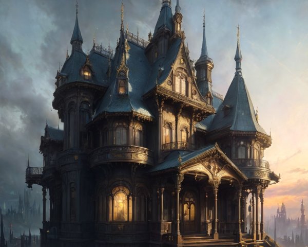 Victorian Mansion with Twilight Sky and Surrounding Mist