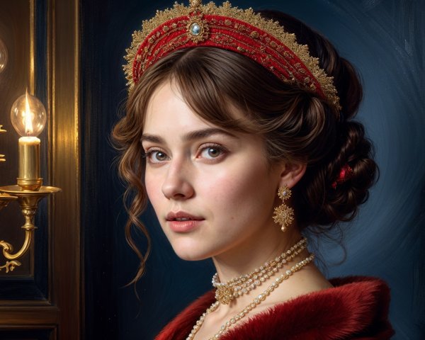 Elegant Young Woman in Red Tiara and Opulent Setting