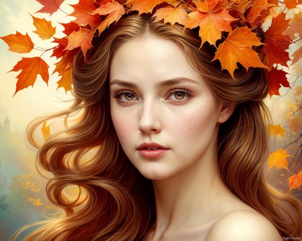 Young woman with autumn leaves in a whimsical setting