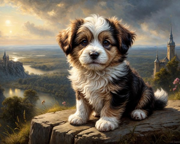 Tri-colored puppy on rocky ledge with scenic landscape