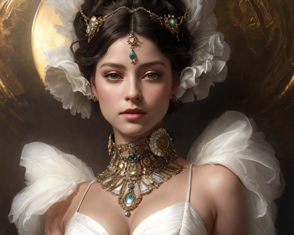 Regal Woman in White Attire with Golden Accents