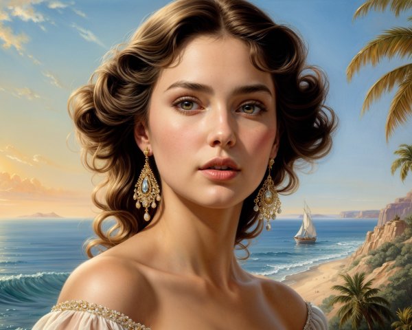 Young Woman with Curly Hair at Coastal Setting
