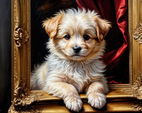 Cream-colored puppy in ornate golden frame