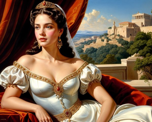Regal Woman in White Gown Against Majestic Landscape