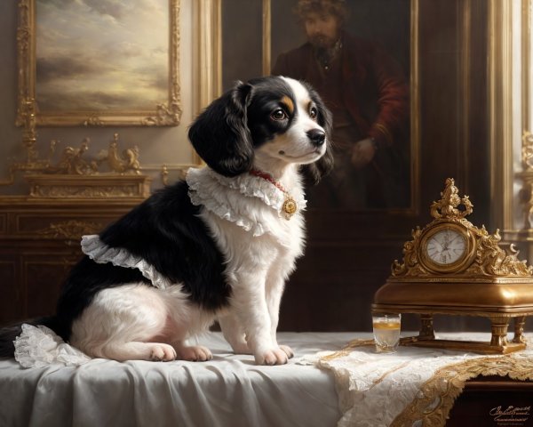 Regal dog with collar next to golden clock and painting of man.