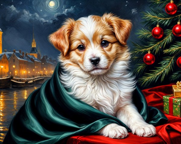 Puppy in Green Blanket with Festive Holiday Setting