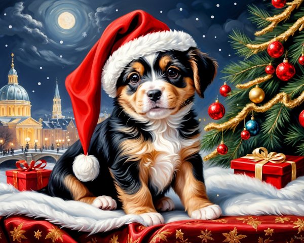 Puppy in Santa Hat Surrounded by Holiday Gifts