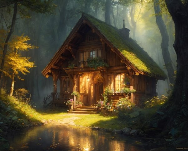Wooden cottage with thatched roof in forest setting