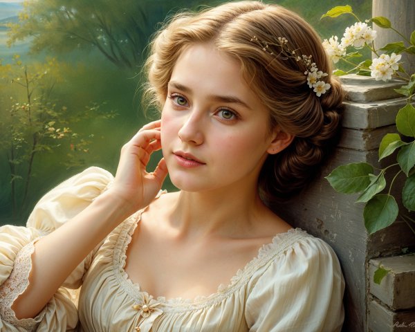 Young woman in cream dress with flowers in hair