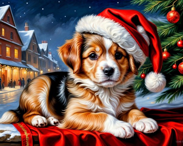 Puppy in Santa Hat Amidst Festive Christmas Setting