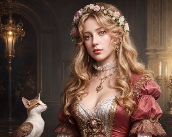 Renaissance style woman with floral crown and cat in opulent room