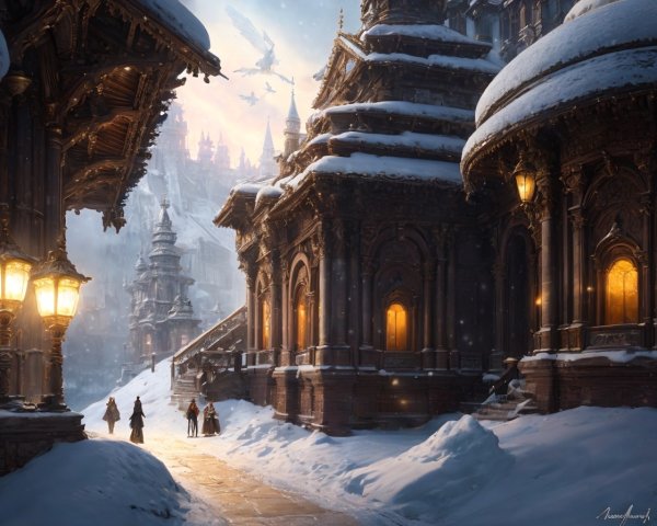 Snow-covered cityscape with people walking in winter.
