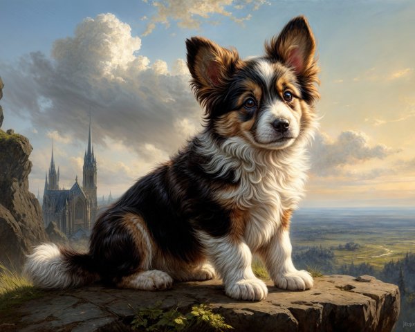 Corgi on Rocky Ledge with Scenic Landscape Background