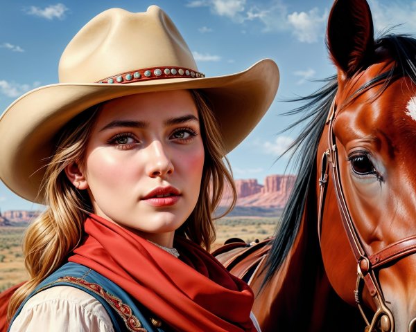 Young Woman in Cowboy Hat with Chestnut Horse in Desert